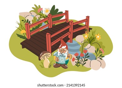 Puente decorativo a través del estanque, decorado con piedras, flores y esculturas de jardín. gnomo de jardín. Decoración para el jardín o el parque. Estilo plano en ilustración vectorial. Elemento aislado.