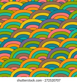 Decorative bright geometric pattern with doodle  circle waves. Seamless pattern can be used for wallpaper, web page background, surface textures, kids design. Hand-drawn vector illustration.