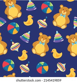 Decorative bright seamless childish pattern with toys on dark blue background