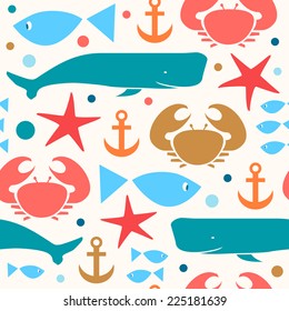 Decorative bright seamless marine pattern. Cute background with crab, fiddler crab, fish, cachalot, sperm-whale , whale, anchor