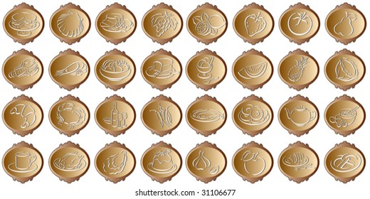 decorative bronce metallic badges with food symbols