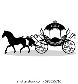 Decorative brougham. Coach. Wedding carriage. Vintage carriage with the horse isolated on white background. Also suitable for invitation card. Vector illustration. 