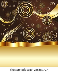 Decorative brown and gold background with floral elements.
