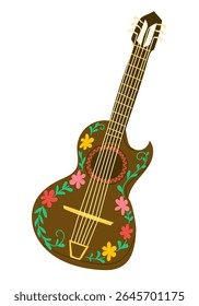 Decorative brown guitar with colorful floral patterns on body and neck. Concept of traditional music, cultural celebration and folk instrument