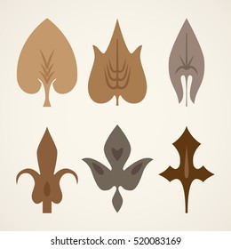 Decorative brown leaves pattern set isolated on white vector. Various shapes of green leaves. Elements for eco and bio logos