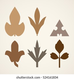 Decorative brown leaves pattern set isolated on white vector. Various shapes of brown leaves. Elements for eco and bio logos