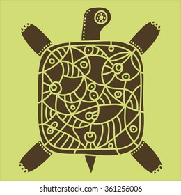 Decorative brown turtle with ornament on a light background. Vector illustration
