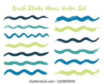 Decorative brush stroke waves vector set. Hand drawn teal blue green brushstrokes, ink splashes, watercolor splats, hand painted curls. Interior paint color palette swatches. Wavy stripes vector set.