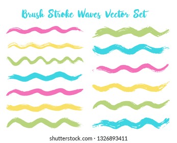 Decorative brush stroke waves vector set. Hand drawn green blue pink  brushstrokes, ink splashes, watercolor splats, hand painted curls. Interior colors guide book elements. Wavy stripes vector set.
