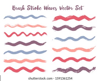 Decorative brush stroke waves vector set. Hand drawn red blue brushstrokes, ink splashes, watercolor splats, hand painted curls. Interior colors guide book elements. Textured waves, stripes design.