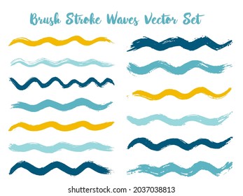 Decorative brush stroke waves vector set. Hand drawn brushstrokes, ink splashes, watercolor splats, hand painted curls. Interior paint color palette elements. Textured waves, stripes design.