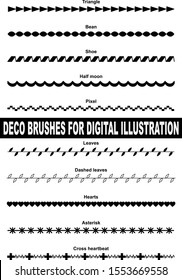 Decorative brushes for digital illustration. Deco embroidery stitch. Triangle, bean, shoe, half moon, pixel, leaves, hearts, asterisk, heartbeat lines. 