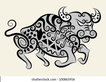 Decorative buffalo. bull and flora ornaments, leaf, flower, nature decoration for tattoo design