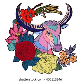 Decorative Buffalo's head with ethnic ornament, feathers, flowers and leaves. Hand drawn vector illustration for tattoo