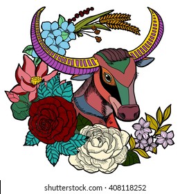 Decorative Buffalo's head with ethnic ornament, feathers, flowers and leaves. Hand drawn vector illustration for tattoo