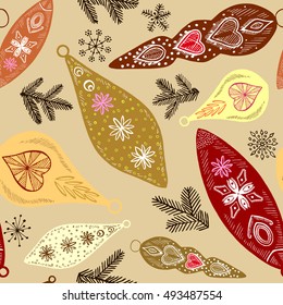 Decorative bulb and the Christmas tree branches, vector Christmas decoration