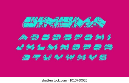 Decorative bulk extended serif font. Hollow letters with rough texture for logo and title design. Green print on violet background