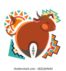 Decorative bull with a circular ornament on an isolated white background. Ethnic ornament of South America. Decoration for packages, postcards, clothes, notebook or any other kind