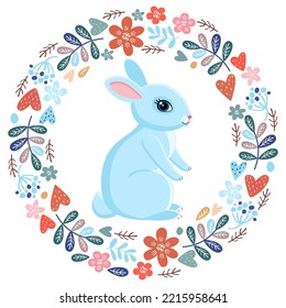 Decorative bunny, rabbit in a round wreath of flowers. Vector character.