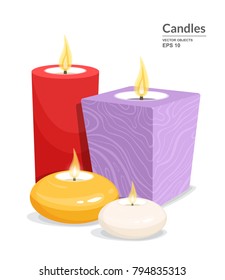 Decorative burning candles set isolated on white background. Different types and colors of handmade candles. Vector illustration