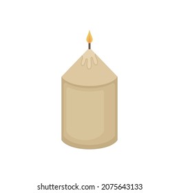 Decorative burning wax candle, vector illustration isolated on white background.