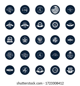 decorative burst and United Stated independence day icon set over white background, block silhouette design, vector illustration