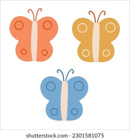 Decorative butterfies set. Hand drawn flat vector illustration.