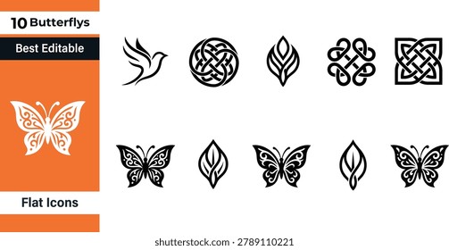 Decorative butterfly bird leaf and celtic knot symbol set, tribal swirl ornamental nature icon collection — black monochrome flat vector illustration isolated on white background