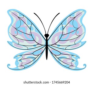 Decorative butterfly with blue wings in flat style isolated on white. Vector illustration
