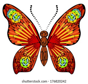 Decorative butterfly. Bright colored butterfly, in simplified style, stylized like abstract embroidery. Object is isolated on white. Vector file is grouped EPS8, all elements are grouped.