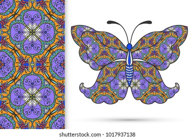 Decorative butterfly and colorful doodle seamless pattern, hand drawn repeating texture. Isolated elements for textile fabric, paper print, invitation or greeting card design. Vector animal collection