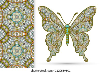 Decorative butterfly and colorful doodle seamless pattern, hand drawn repeating texture. Isolated elements for textile fabric, paper print, invitation or greeting card design. Vector animal collection