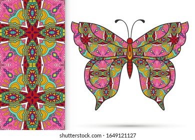 Decorative butterfly and colorful doodle seamless pattern, hand drawn repeating texture. Isolated elements for textile fabric, paper print, invitation or greeting card design. Vector animal collection