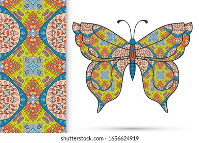 Decorative butterfly and colorful doodle seamless pattern, hand drawn repeating texture. Isolated elements for textile fabric, paper print, invitation or greeting card design. Vector animal collection