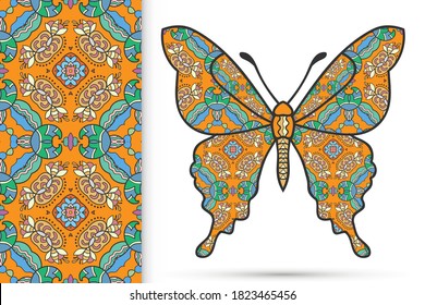 Decorative butterfly and colorful doodle seamless pattern, hand drawn repeating texture. Isolated elements for textile fabric, paper print, invitation or greeting card design. Vector animal collection