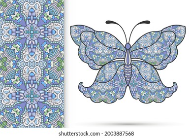 Decorative butterfly and colorful doodle seamless pattern, hand drawn repeating texture. Isolated elements for textile fabric, paper print, invitation or greeting card design. Vector animal collection