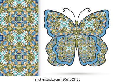 Decorative butterfly and colorful doodle seamless pattern, hand drawn repeating texture. Isolated elements for textile fabric, paper print, invitation or greeting card design. Vector animal collection