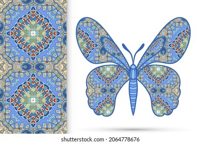 Decorative butterfly and colorful doodle seamless pattern, hand drawn repeating texture. Isolated elements for textile fabric, paper print, invitation or greeting card design. Vector animal collection