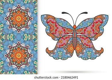 Decorative butterfly and colorful doodle seamless pattern, hand drawn repeating texture. Isolated elements for textile fabric, paper print, invitation or greeting card design. Vector animal collection