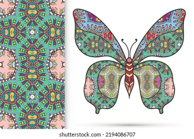 Decorative butterfly and colorful doodle seamless pattern, hand drawn repeating texture. Isolated elements for textile fabric, paper print, invitation or greeting card design. Vector animal collection