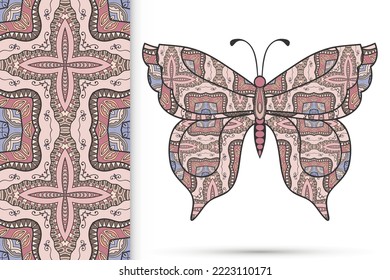 Decorative butterfly and colorful doodle seamless pattern, hand drawn repeating texture. Isolated elements for textile fabric, paper print, invitation or greeting card design. Vector animal collection