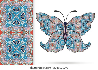 Decorative butterfly and colorful doodle seamless pattern, hand drawn repeating texture. Isolated elements for textile fabric, paper print, invitation or greeting card design. Vector animal collection