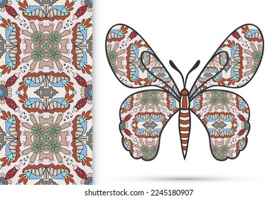 Decorative butterfly and colorful doodle seamless pattern, hand drawn repeating texture. Isolated elements for textile fabric, paper print, invitation or greeting card design. Vector animal collection