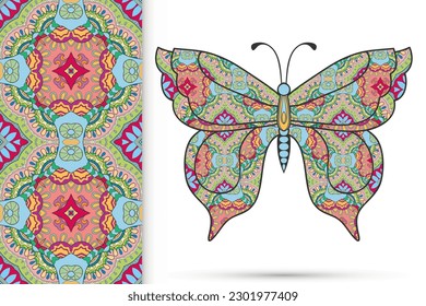 Decorative butterfly and colorful doodle seamless pattern, hand drawn repeating texture. Isolated elements for textile fabric, paper print, invitation or greeting card design. Vector animal collection