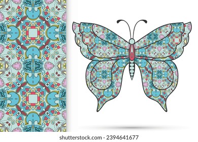 Decorative butterfly and colorful doodle seamless pattern, hand drawn repeating texture. Isolated elements for textile fabric, paper print, invitation or greeting card design. Vector animal collection