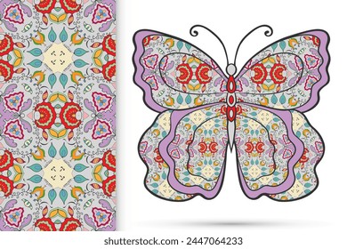Decorative butterfly and colorful doodle seamless pattern, hand drawn repeating texture. Isolated elements for textile fabric, paper print, invitation or greeting card design. Vector animal collection