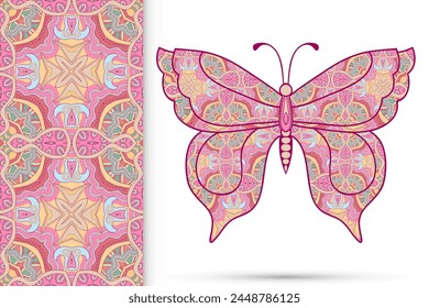 Decorative butterfly and colorful doodle seamless pattern, hand drawn repeating texture. Isolated elements for textile fabric, paper print, invitation or greeting card design. Vector animal collection