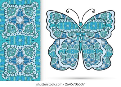 Decorative butterfly and colorful doodle seamless pattern, hand drawn repeating texture. Isolated elements for textile fabric, paper print, invitation or greeting card design. Vector animal collection