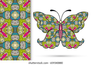 Decorative butterfly and colorful doodle seamless pattern with hand drawn repeating texture. Isolated elements for fabric, paper print, invitation or greeting card design. Vector animal collection