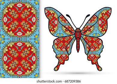 Decorative butterfly and colorful doodle seamless pattern, hand drawn repeating texture. Isolated elements for textile fabric, paper print, invitation or greeting card design. Vector animal collection